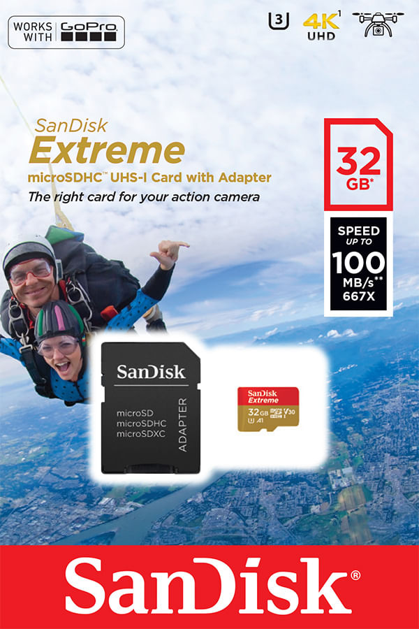 Cartao-De-Memoria-MicroSD-32GB-Extreme-Classe-10-Ate-100MBs-Camera-de-acao-4K-e-Full-HD--SDSQXAF-032G-GN6AA
