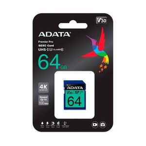 Cartão SD Adata V30 UHS-I U3 64GB 4K 100MB/S- ASDX64GUI3V30S-R
