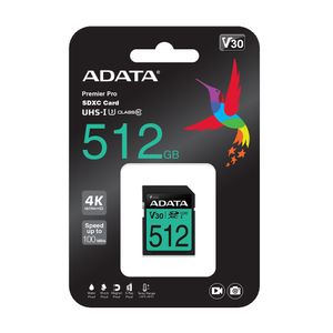 Cartão SD Adata V30 UHS-I U3 4K 512Gb - ASDX512GUI3V30S-R